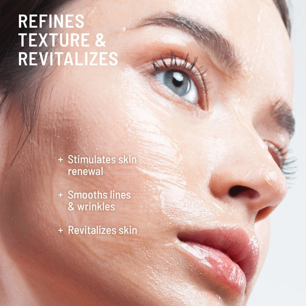 Brand model graphic describing texture and radiance benefits of the glycolic mask