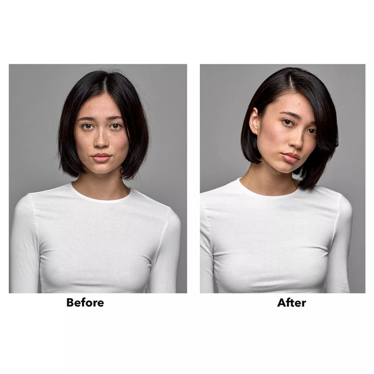 R+Co BACKBEND before-and-after styling comparison on a model with a short bob