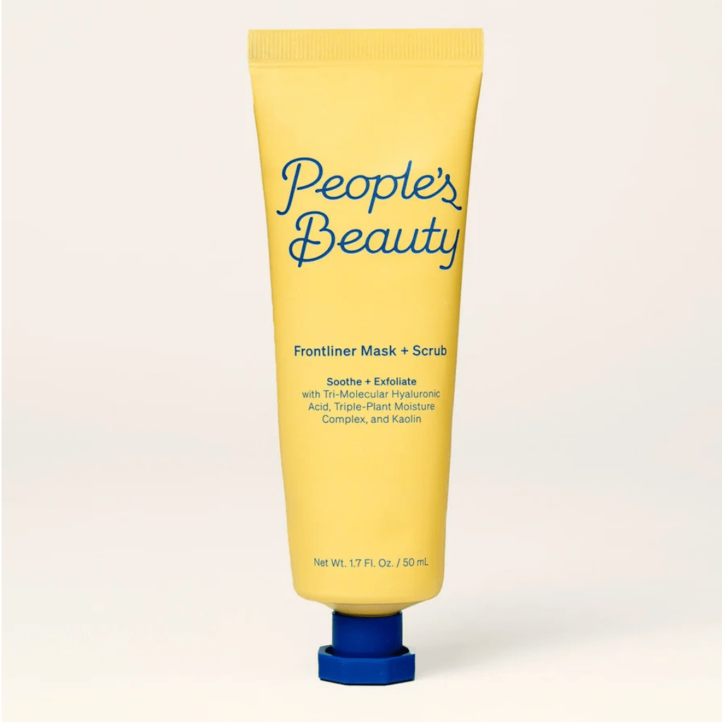 Front view of People’s Beauty Frontliner Mask + Scrub 50 mL yellow tube with a blue cap.