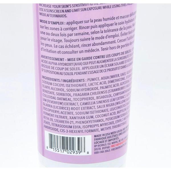 Close-up of a light purple tube of First Aid Beauty KP Bump Eraser Body Scrub with ingredients and usage instructions.