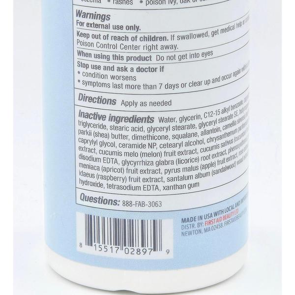 Close-up of First Aid Beauty Ultra Repair Cucumber Body Lotion bottle, showing ingredients and warnings.