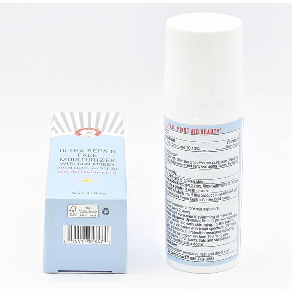 First Aid Beauty Ultra Repair Face Moisturizer SPF 30, 1.7 fl oz white bottle and light blue box.