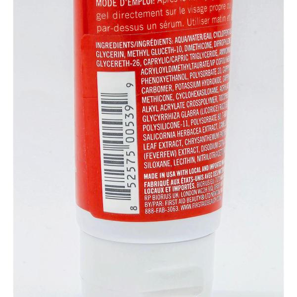 Red First Aid Beauty Skin Rescue Oil-Free Mattifying Gel tube with white ingredients list and barcode.