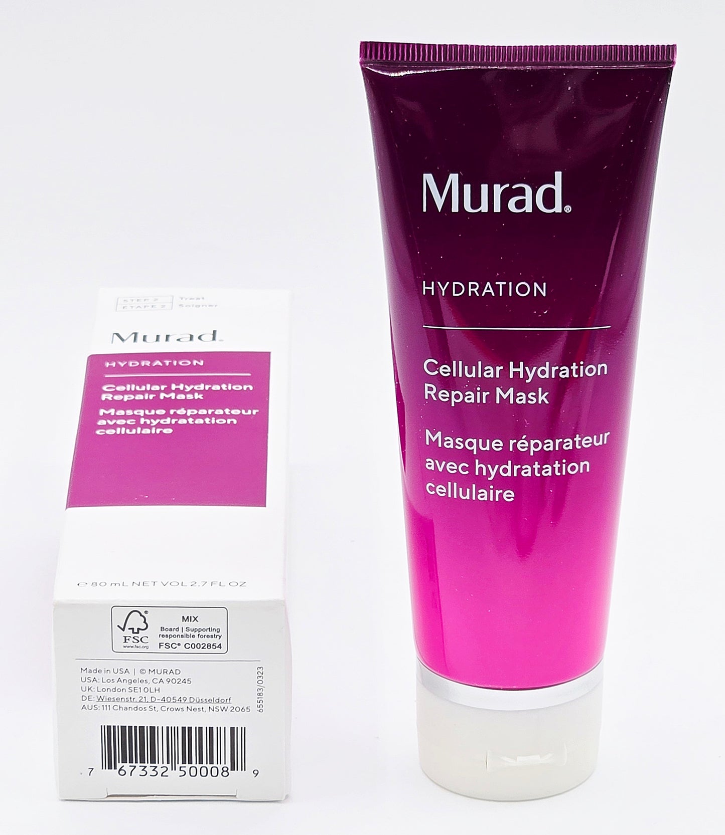 Purple tube and packaging of Murad Cellular Hydration Repair Mask on a white background