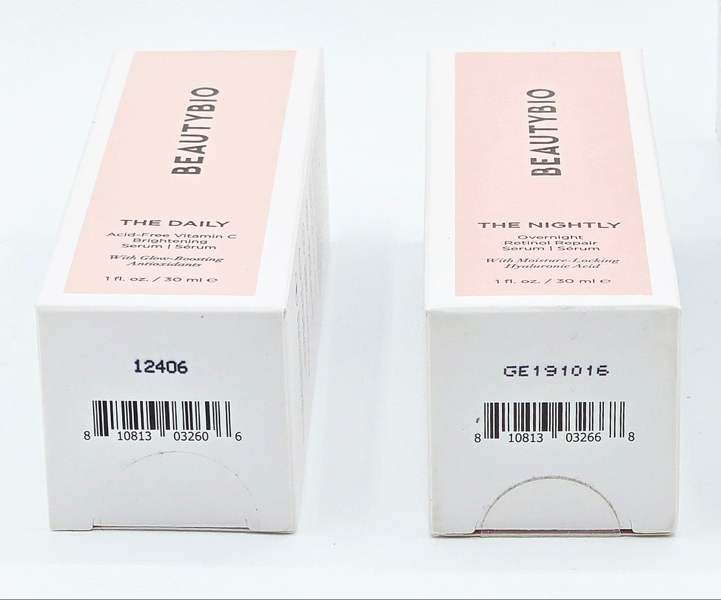 Two 'BeautyBio' skincare product boxes on a white background