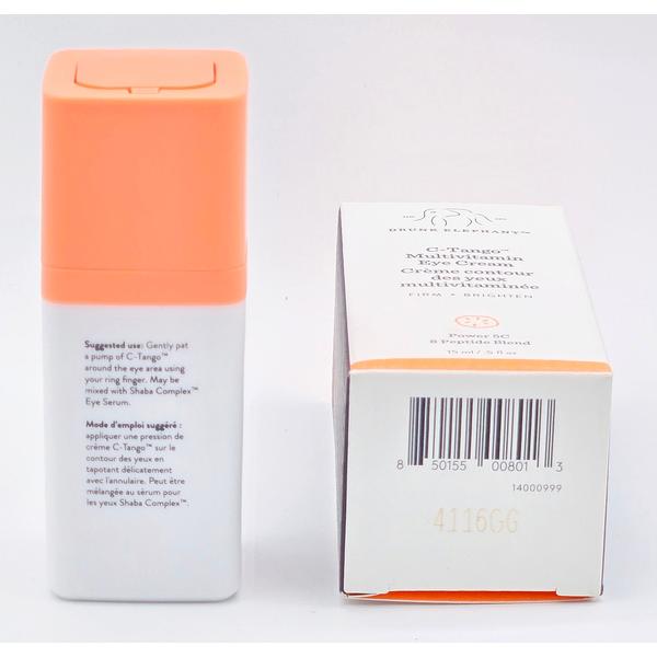 Drunk Elephant C-Tango Multivitamin Eye Cream, orange and white bottle with white box showing product details.