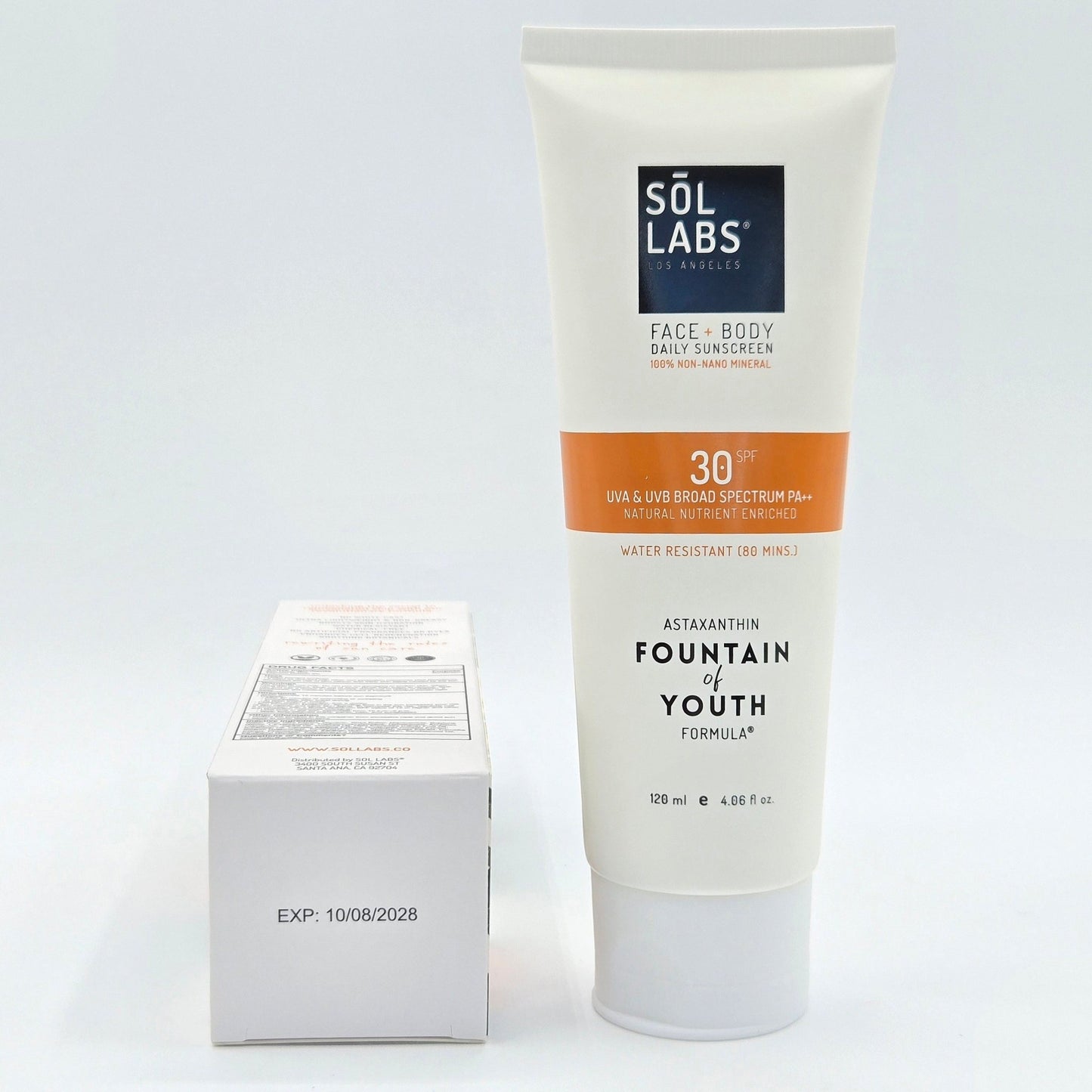 SOL LABS Mineral SPF 30 sunscreen tube with outer box showing October 8, 2028 expiration