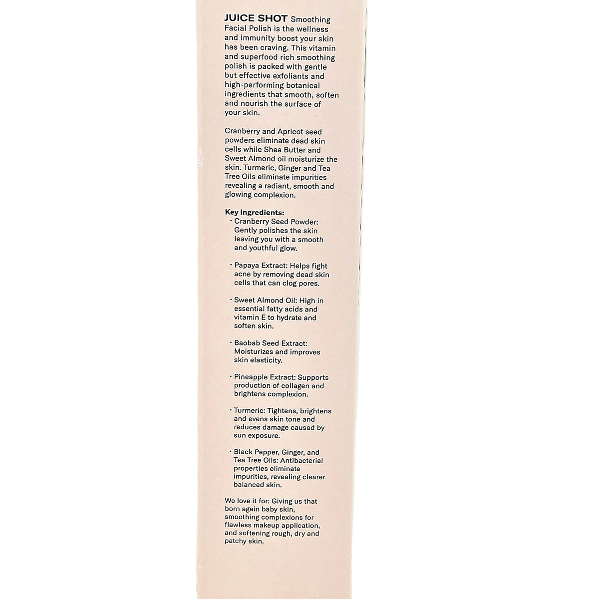 Juice Shot carton panel describing the polish and botanical ingredients