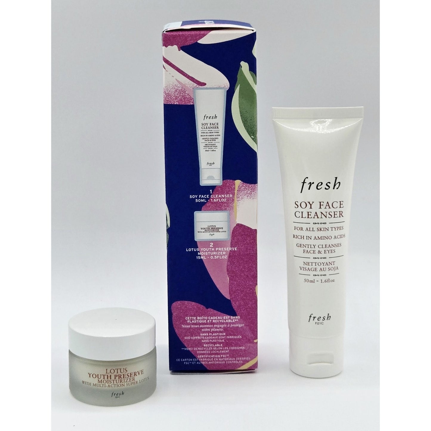 Fresh Soy Face Cleanser & Lotus Moisturizer Trial Set + Full Soy Cleanser 5oz