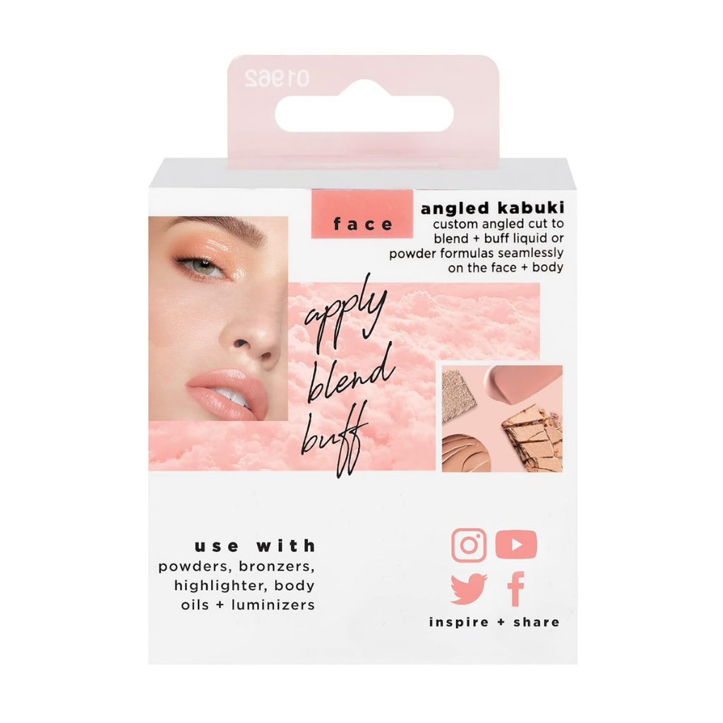 Rear of Real Techniques Angled Kabuki packaging showing powder, bronzer and highlighter uses