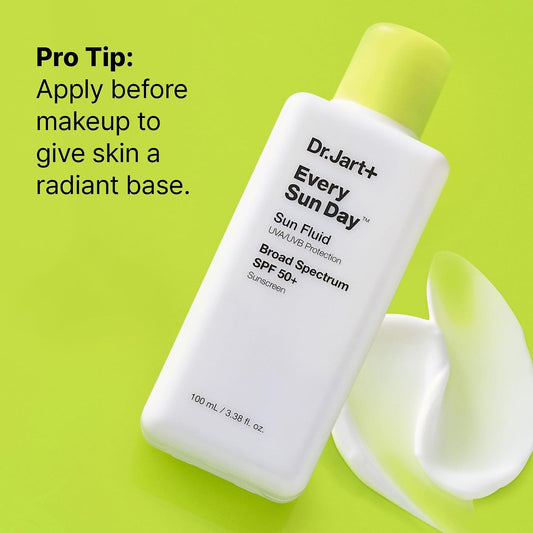 Dr. Jart+ Every Sun Day Sun Fluid beside a sunscreen texture swirl with a tip to apply before makeup.