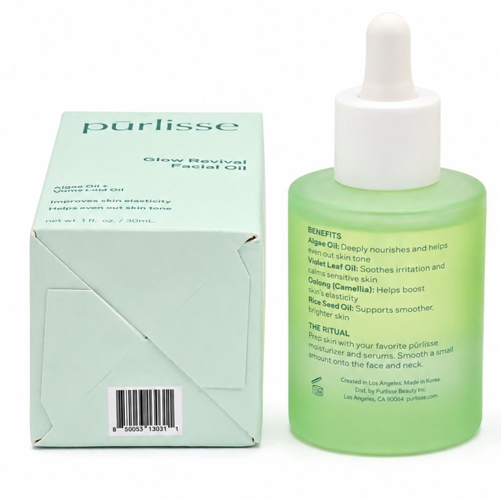 purlisse Glow Revival Facial Oil 1 oz bottle back and UPC 850053130311