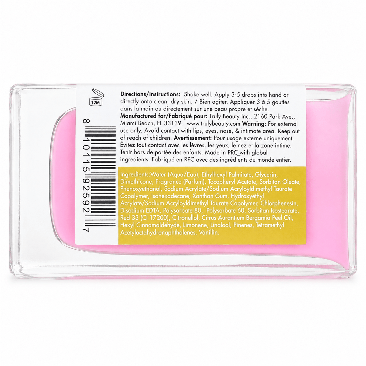 Truly Strawberry Blossoms After Shave Serum back label with directions, ingredients, and UPC 810115925927