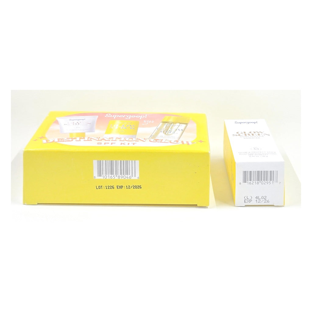Supergoop! Destination Glow SPF Kit and Sunlighter UPC, lot and expiration details