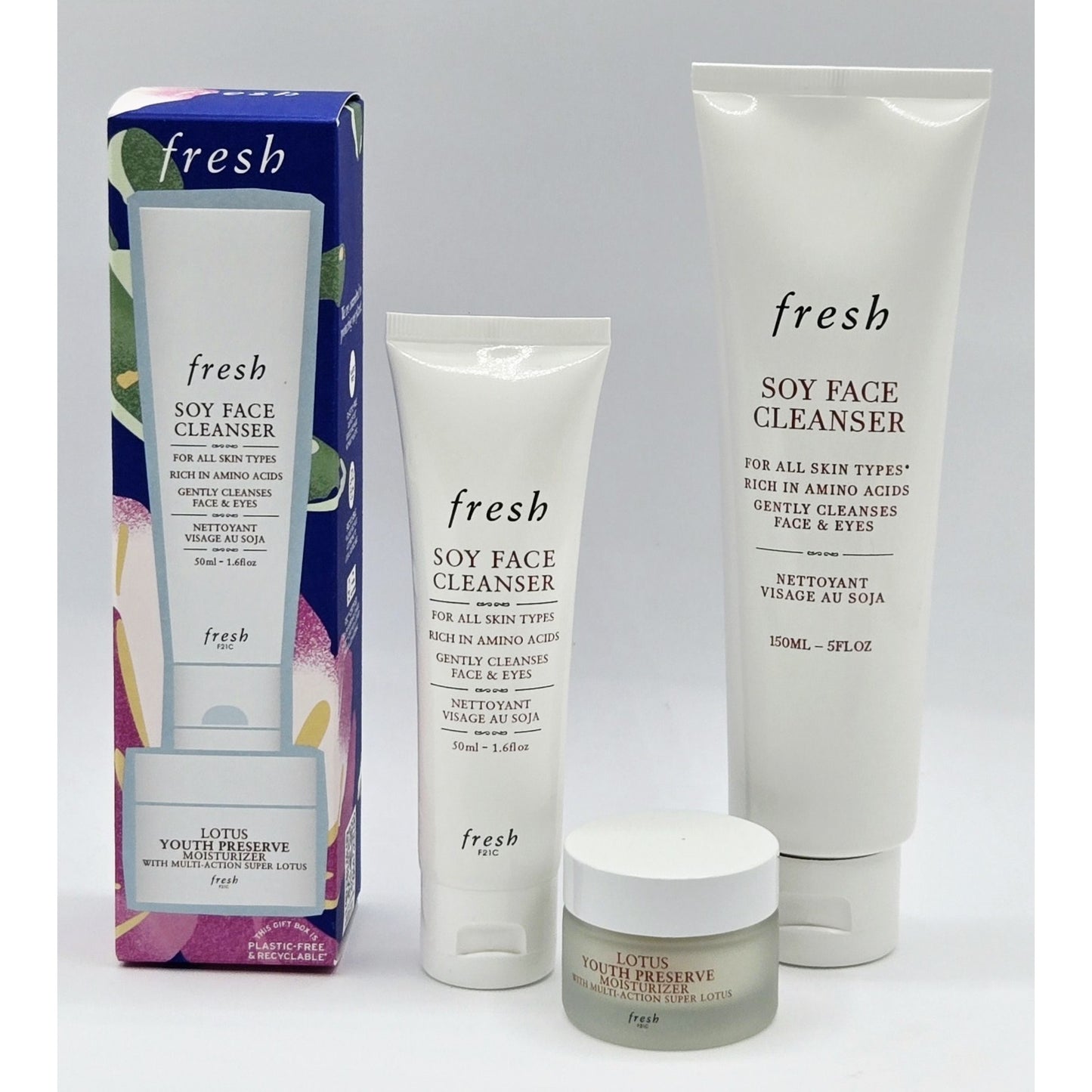 Fresh Soy Face Cleanser & Lotus Moisturizer Trial Set + Full Soy Cleanser 5oz