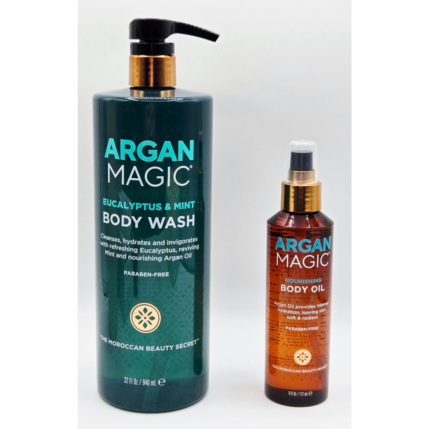 ARGAN MAGIC 2Pk Invigorating Eucalyptus & Mint 32oz + Nourishing Body Oil 6 oz.