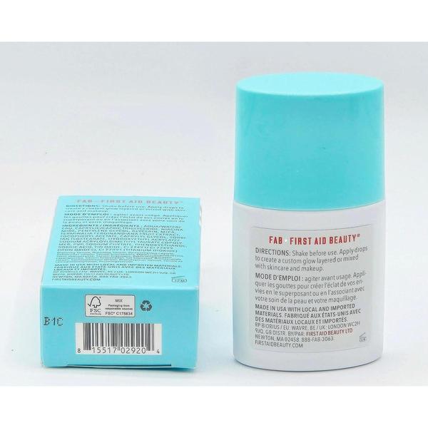 First Aid Beauty Bronze + Glow Drops bottle with a light blue cap and matching box.