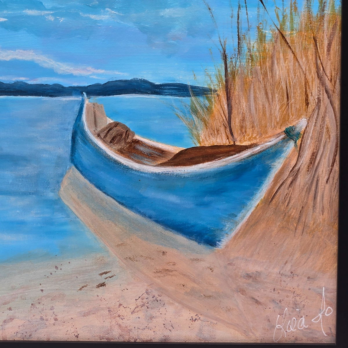 Detail of the blue boat, coastal grasses, painted texture, and Lisa Jo signature in Beached Blues