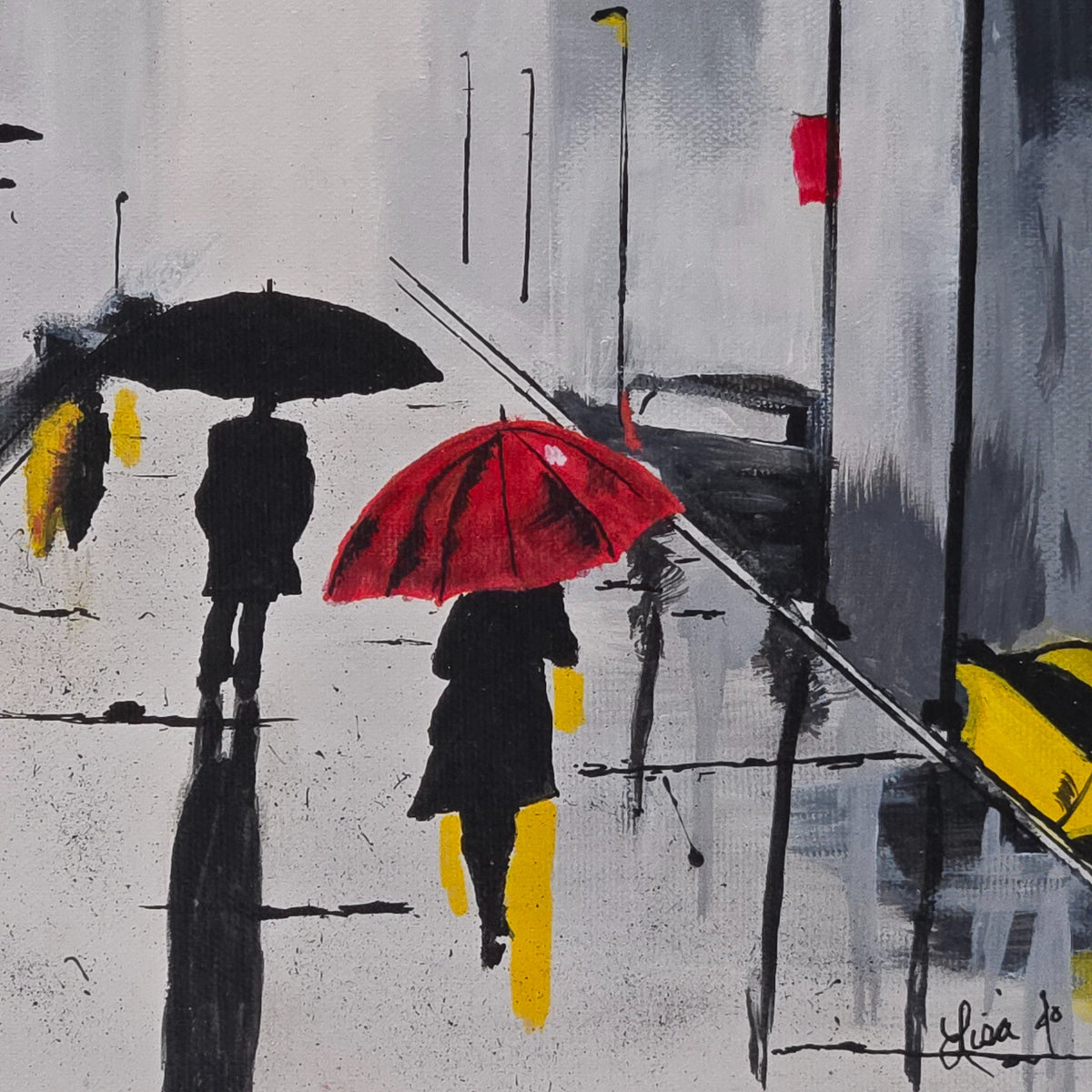 Detail of the red umbrella, yellow reflections, city railings, and Lisa Jo's signature in City Umbrellas