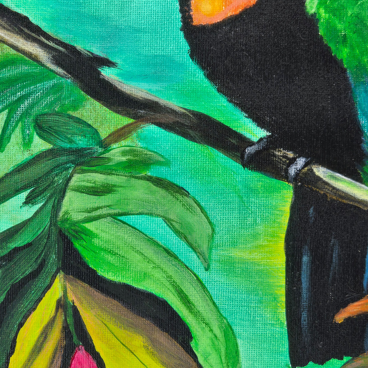 Close detail of the branch, foliage, and painted texture in Lisa Jo's toucan artwork