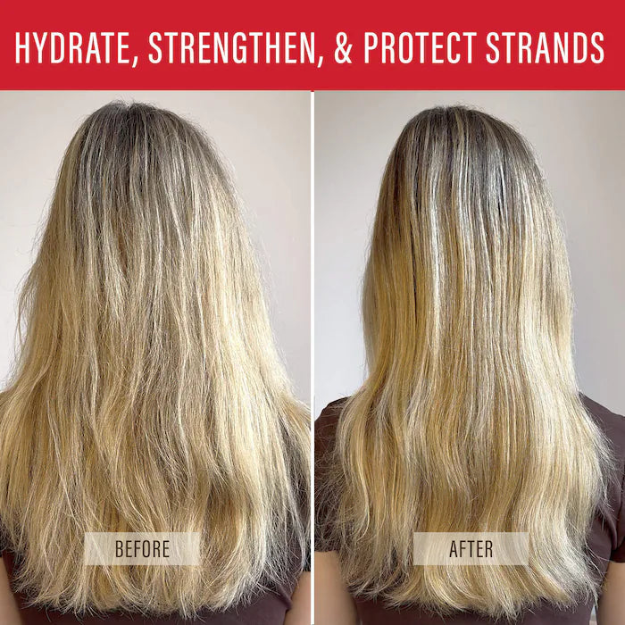 Messy overnight serum before-and-after graphic showing blonde hair with a smoother finish beneath the heading Hydrate, Strengthen, and Protect Strands.