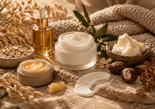 Barrier-support skincare with rich cream, facial oil, oats, shea butter, soft towels, and warm autumn botanicals