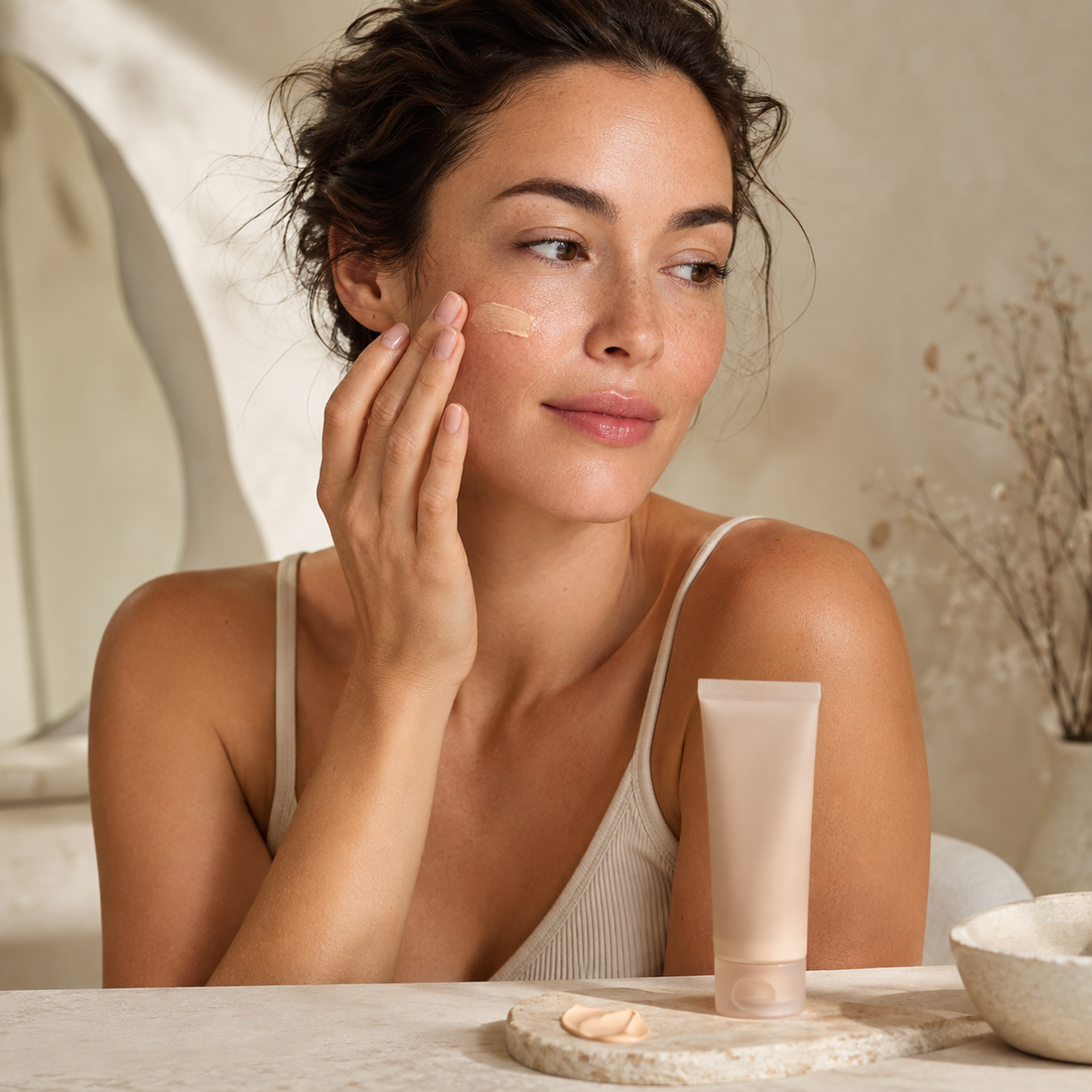Woman blending sheer BB cream onto her cheek beside an unbranded complexion tube