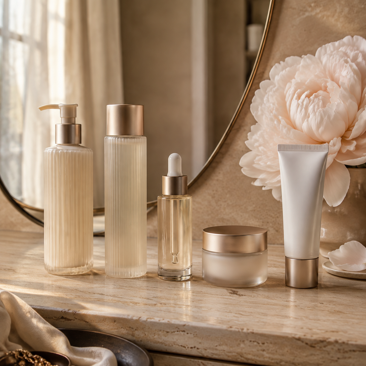 Elegant unbranded skincare routine arranged on a warm stone vanity with a pale peony