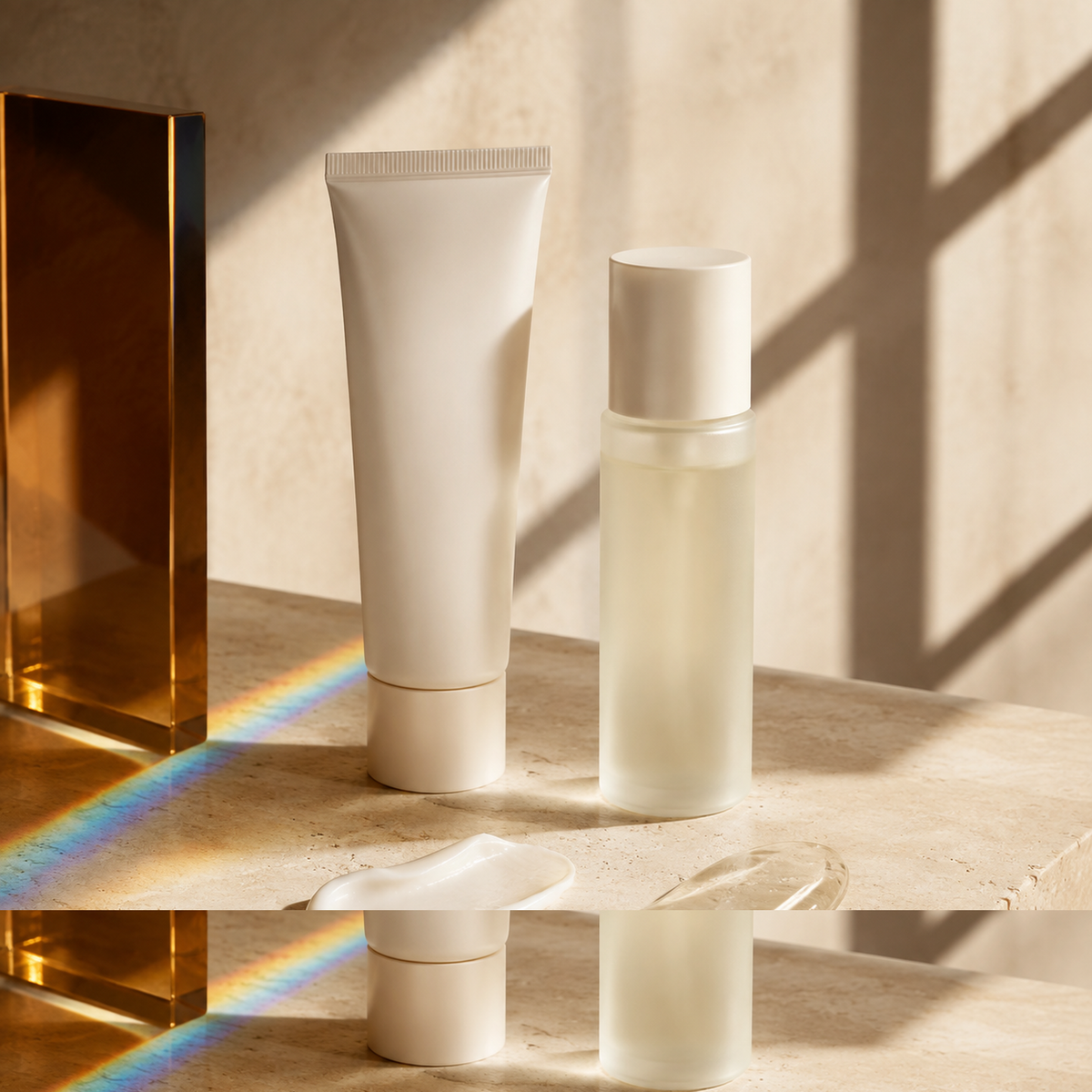 Unbranded mineral cream and sheer sunscreen formulas in architectural sunlight with a subtle prism
