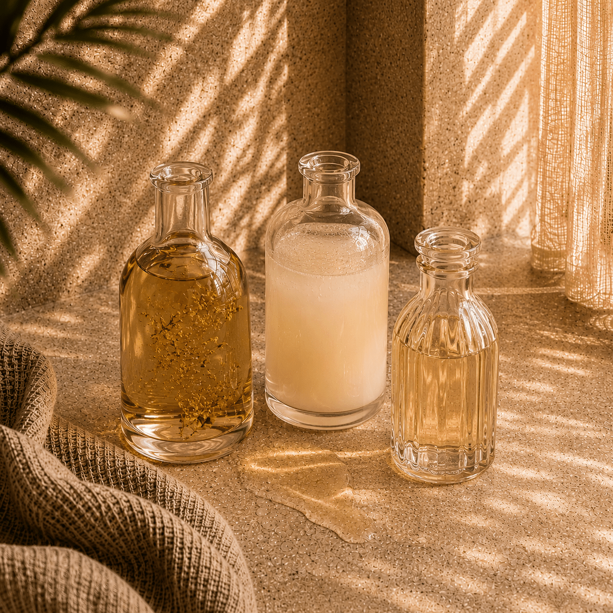 Bath oil bottles and aromatic soak essentials arranged for a relaxing bath ritual
