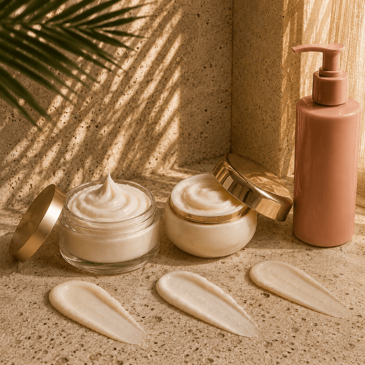 Body lotions, cream jars, and a pump bottle arranged on a warm stone counter