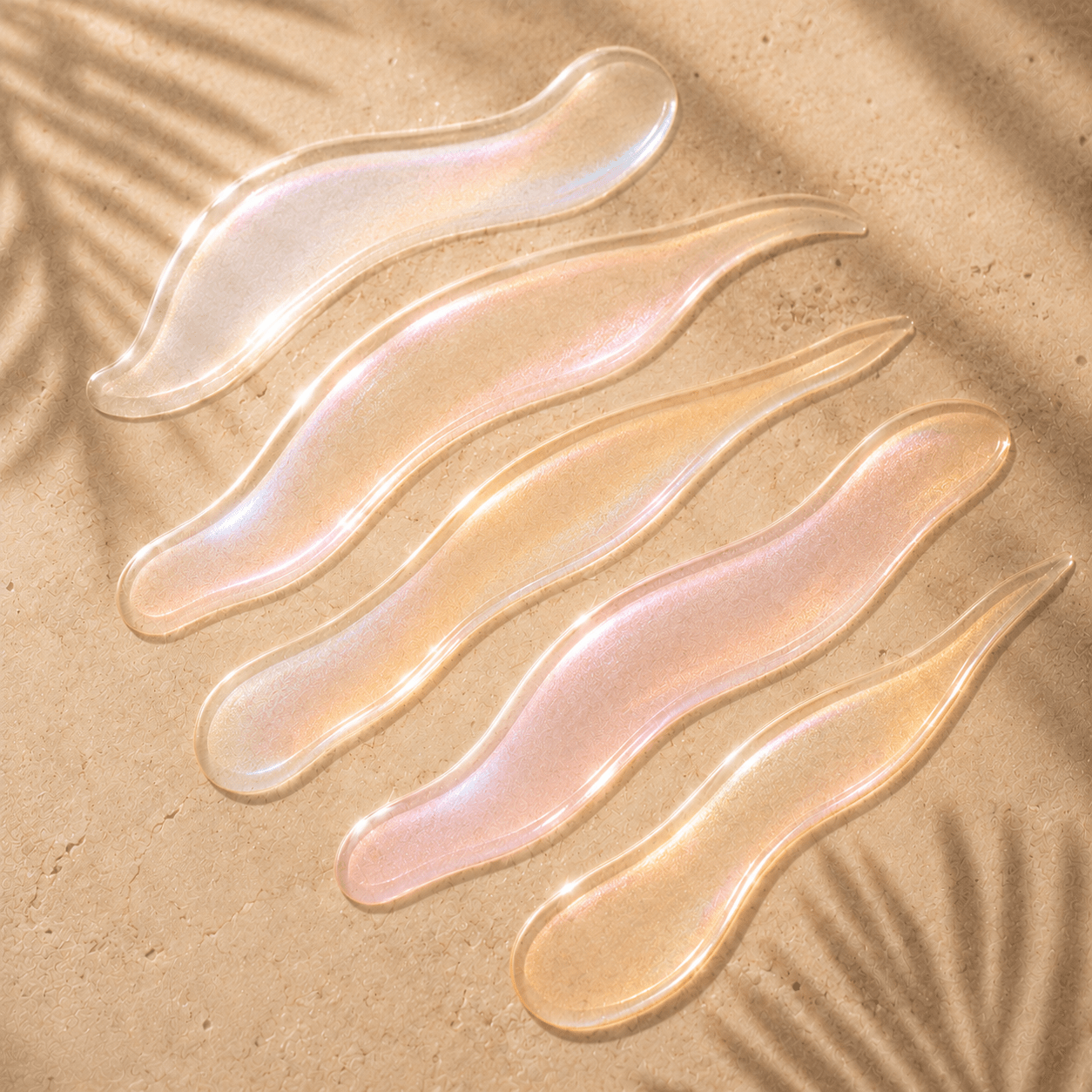Pearlescent shimmering and iridescent body oil textures on warm beige stone in soft sunlight