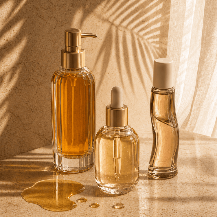 Amber body oil bottles and dropper serums arranged on a sunlit stone counter