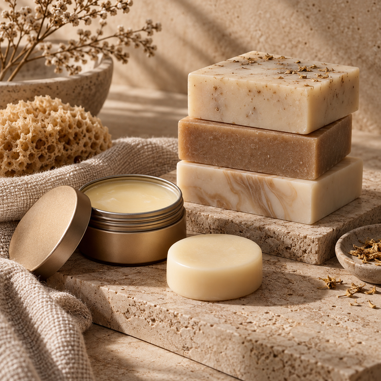 Body care balms and solid cleansing bars arranged on warm travertine with soft linen and dried botanicals