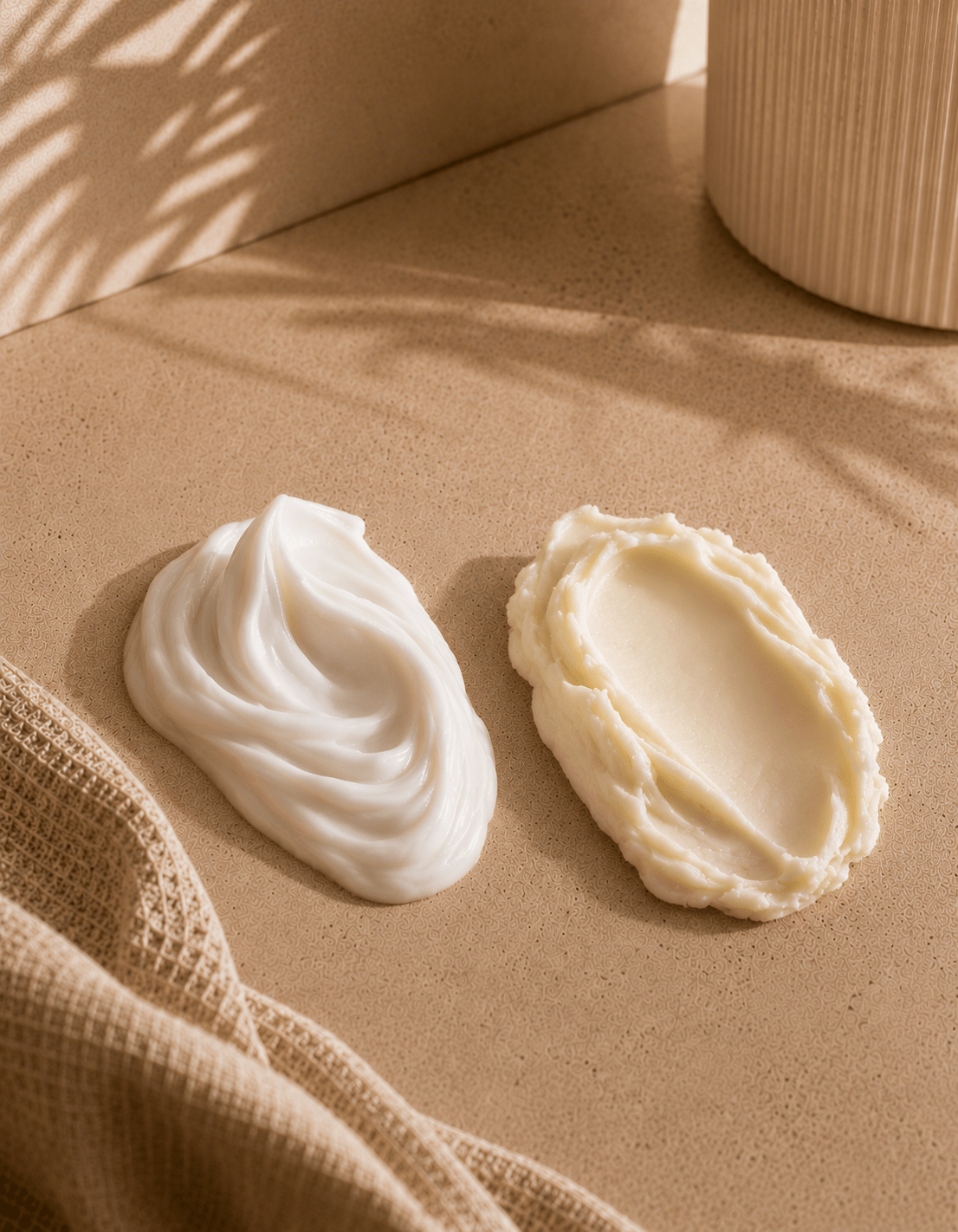 Rich body cream and whipped body butter textures on warm beige stone in soft sunlight