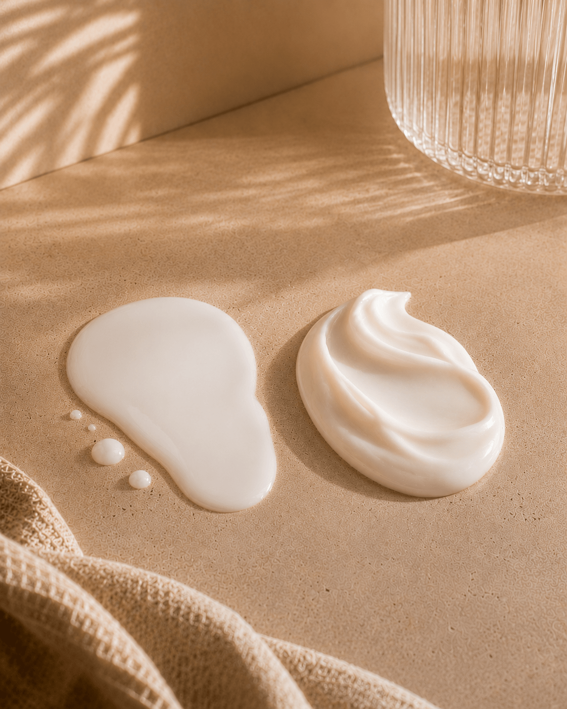 Silky body milk and lotion textures on warm beige stone in soft sunlight