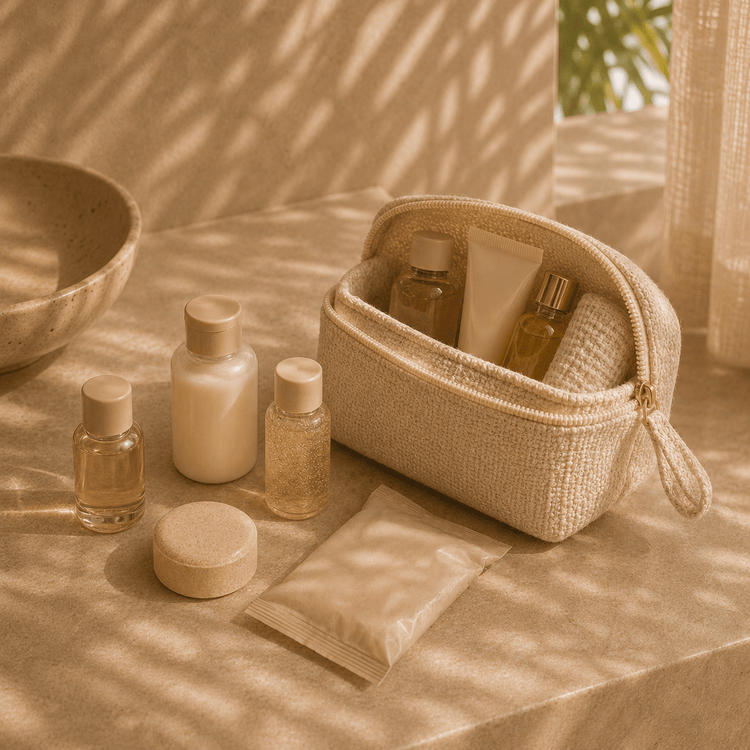 Travel-size bath and body products beside an open woven toiletry bag
