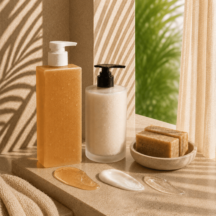 Body cleanser bottles, bars, and wash accessories arranged on a warm stone counter