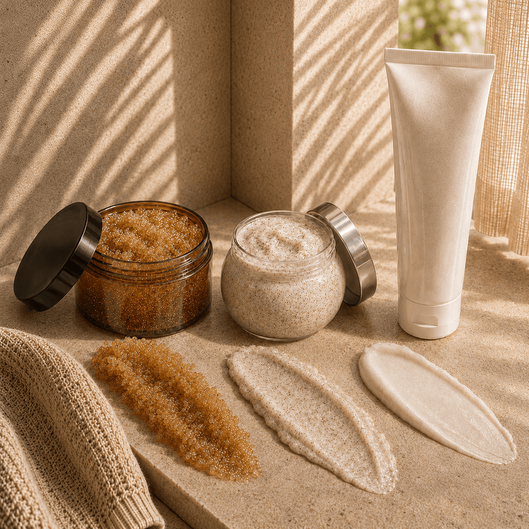 Body scrubs, polishing creams, and exfoliating tools arranged on a warm stone surface