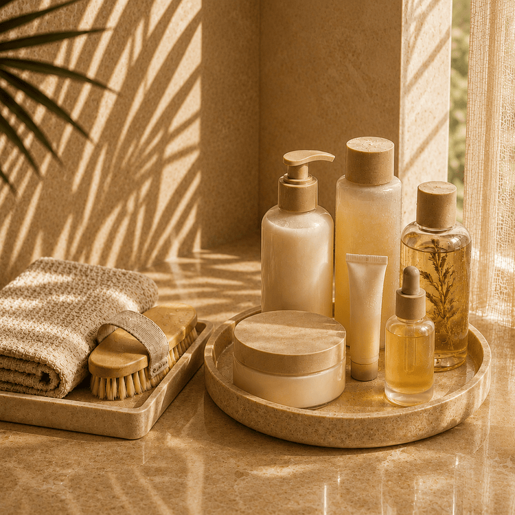 Body care bottles, cream jar, brush, and folded towels arranged as a complete routine