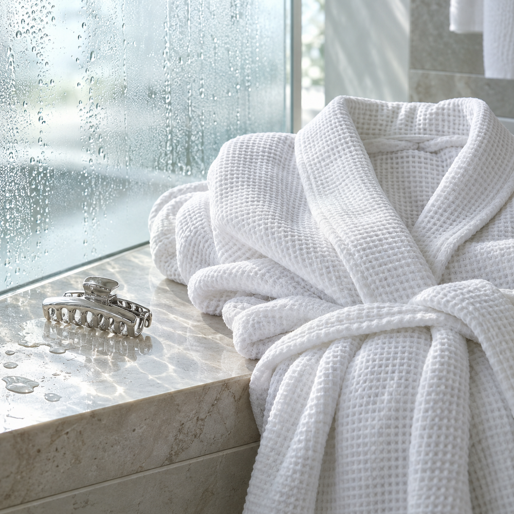 White waffle robe, silver hair clip and water droplets beside misted glass.