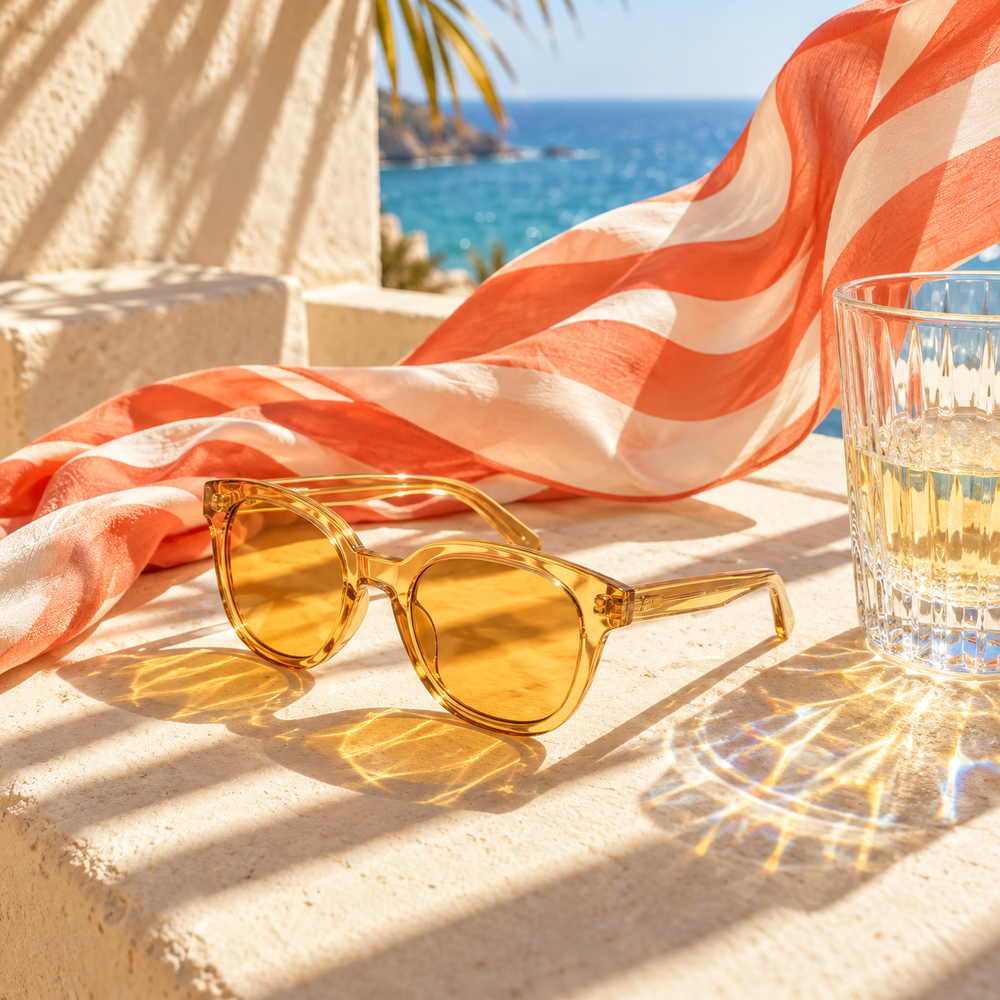 Golden sunglasses and coral striped scarf on a sunlit seaside terrace.