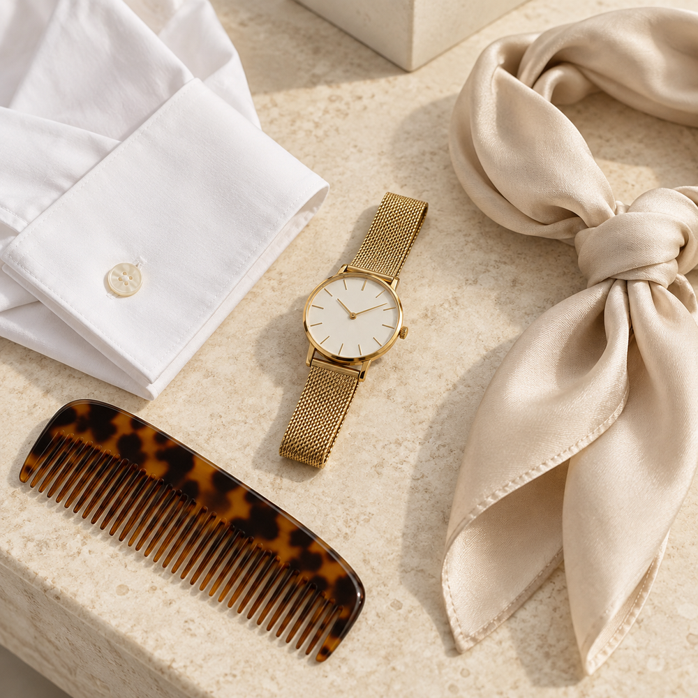 White shirt cuff, gold watch, tortoiseshell comb and cream silk scarf.
