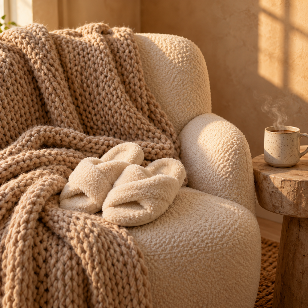 Chunky knit blanket, cream slippers and a steaming mug in warm afternoon light.