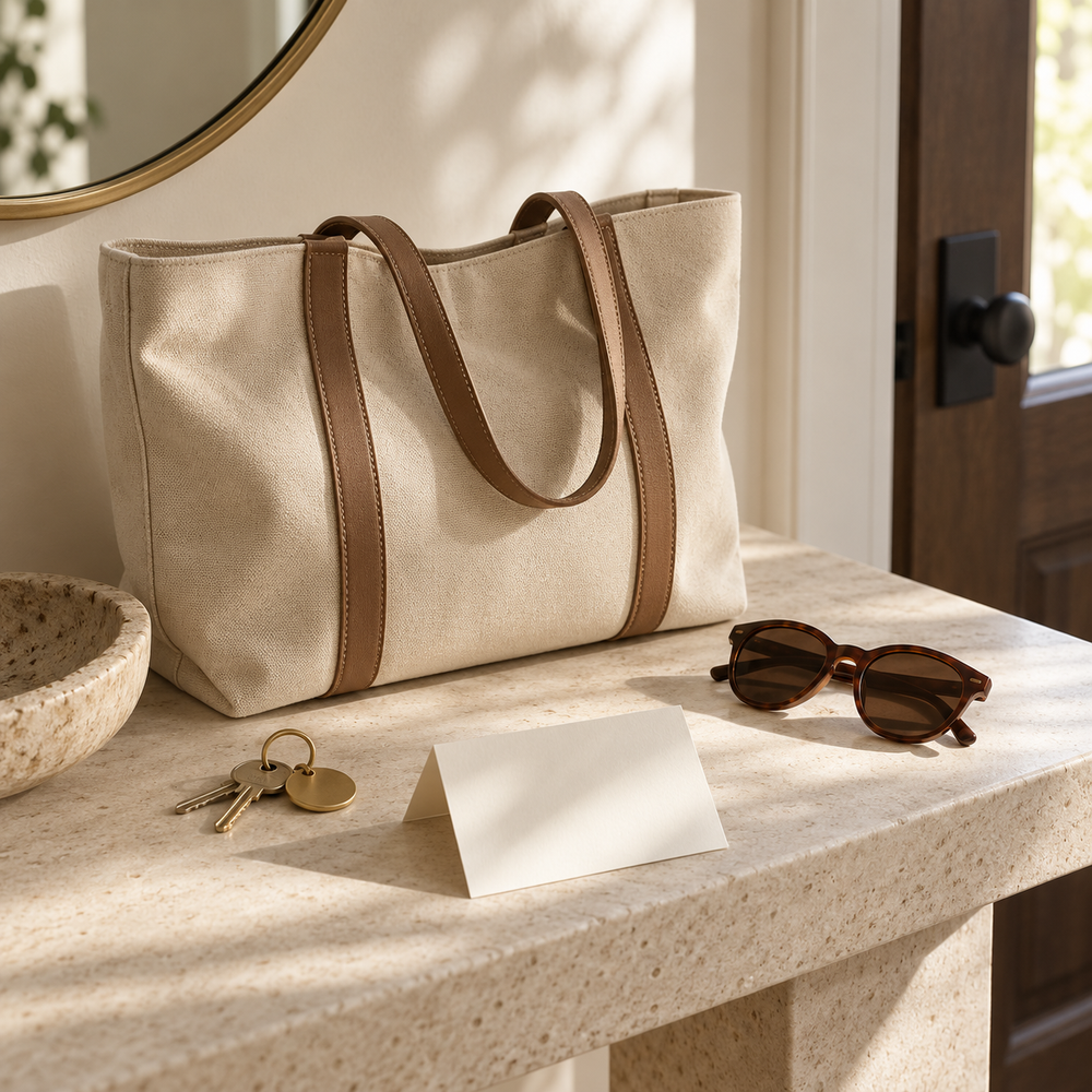 Neutral canvas tote, keys, sunglasses and a blank note card on an entry table.