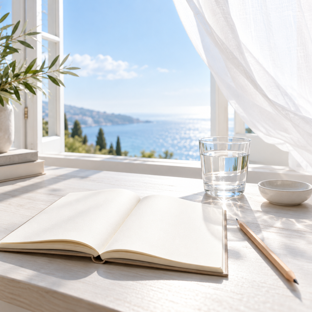 Open blank notebook, pencil and glass of water beside a breezy sunlit window.