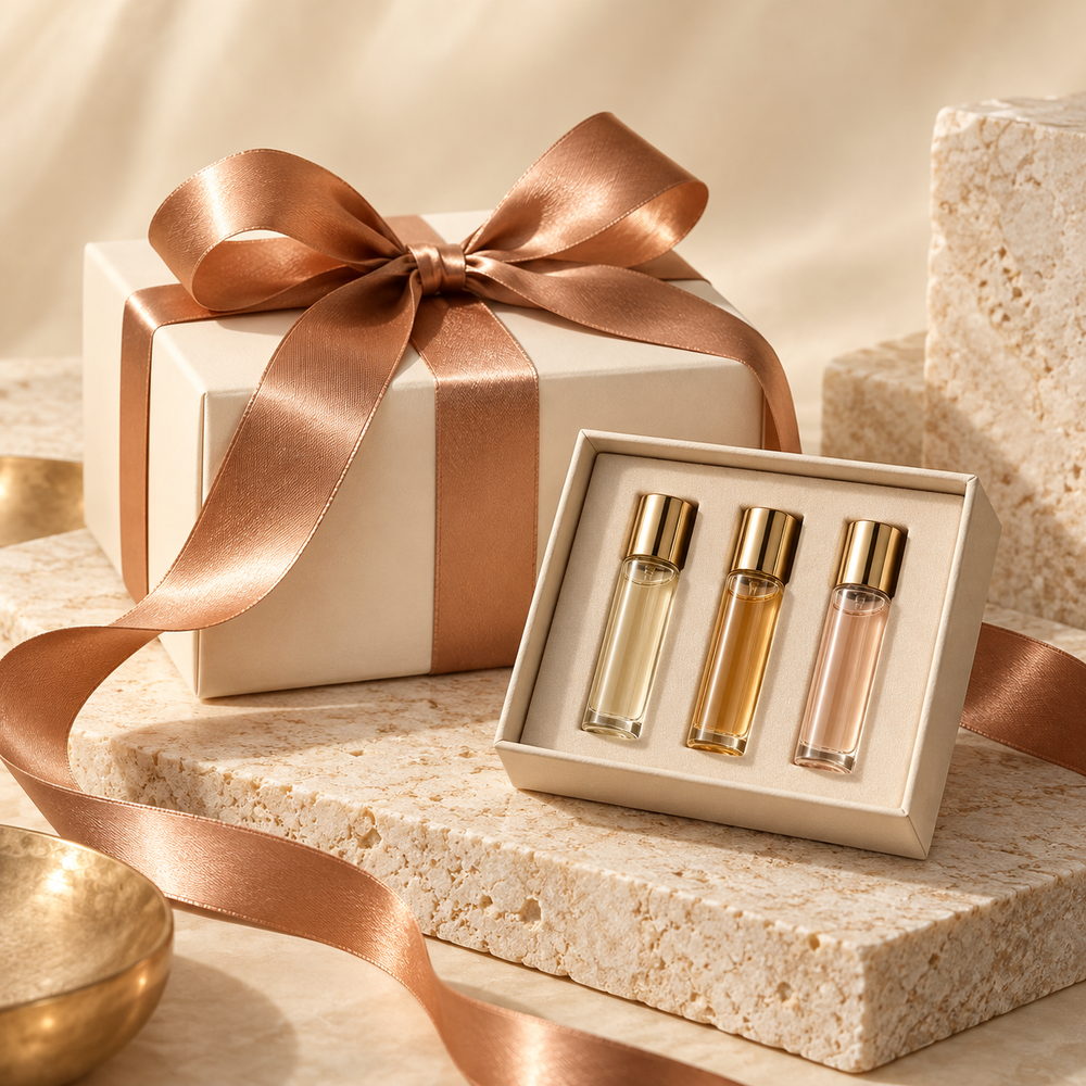 Ivory gift box with copper ribbon and three miniature fragrance vials.