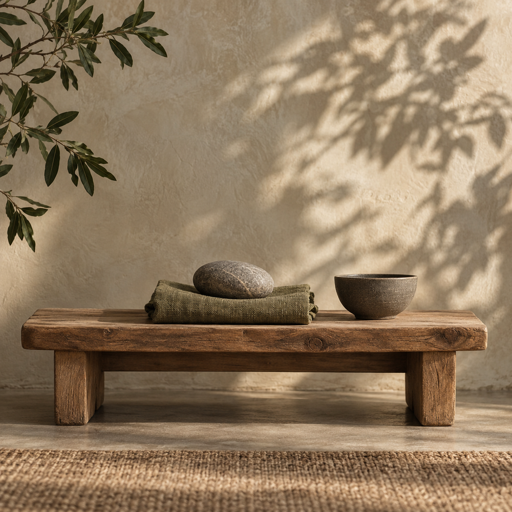 River stone, folded olive linen and a ceramic bowl on a natural wood bench.