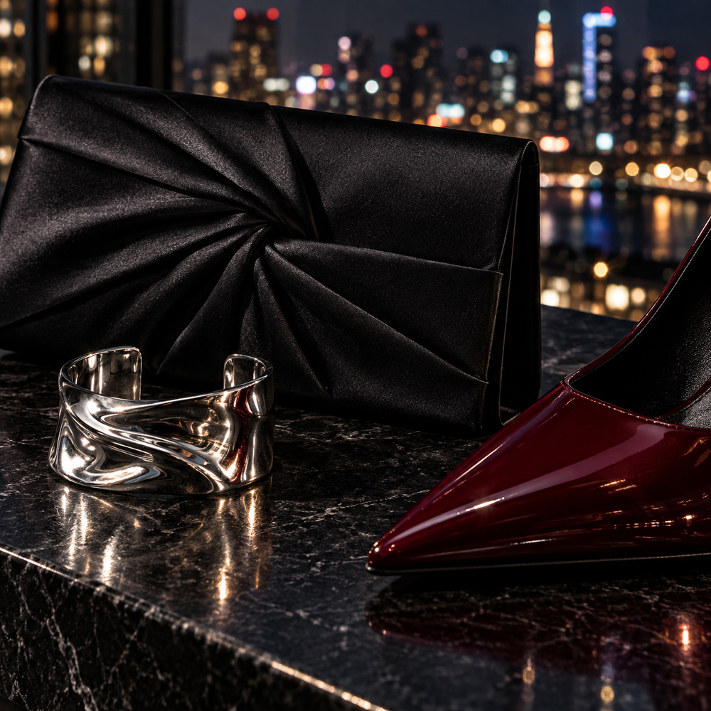 Black satin clutch, silver cuff and burgundy evening shoe against city lights.