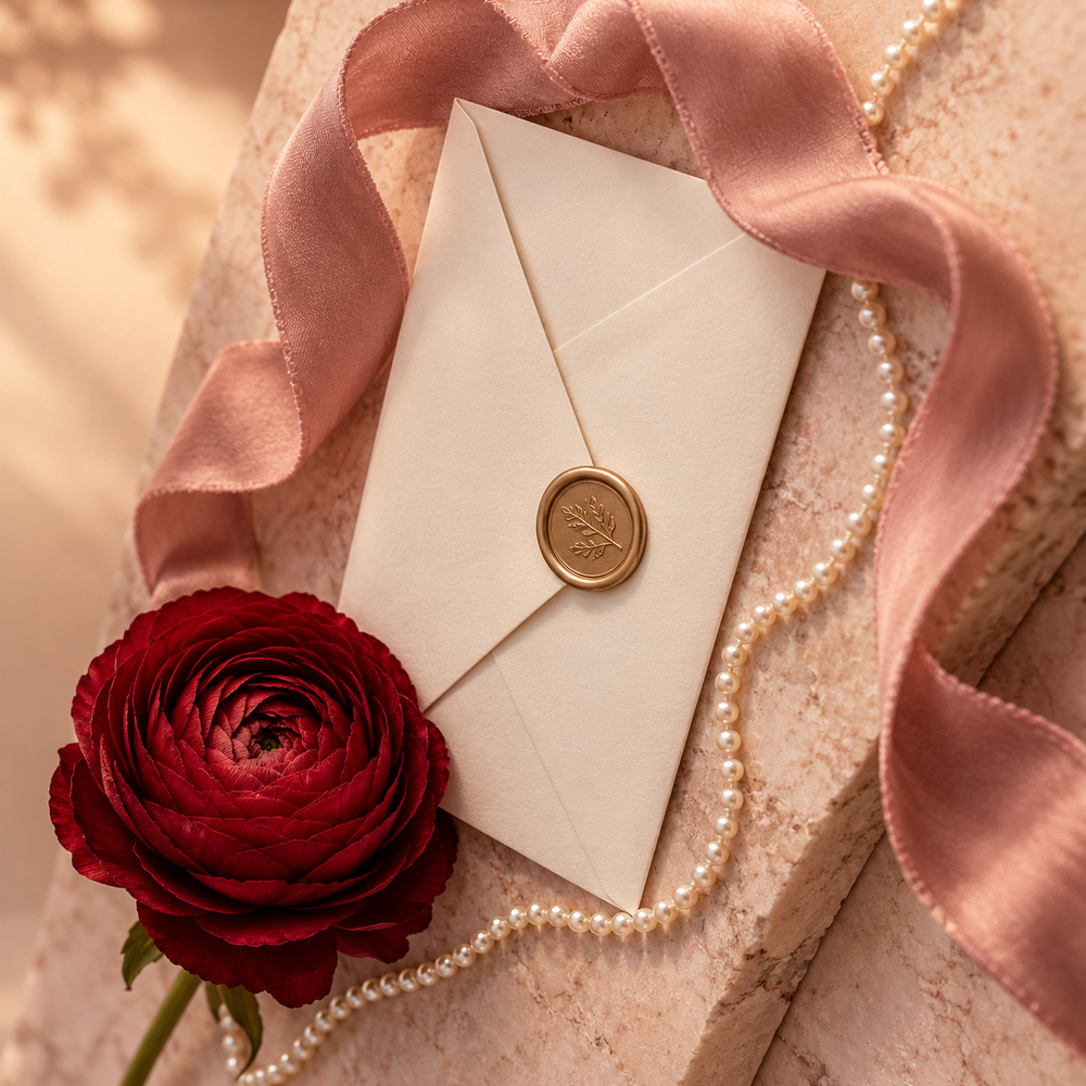 Crimson ranunculus, sealed ivory envelope, pearls and dusty rose ribbon.